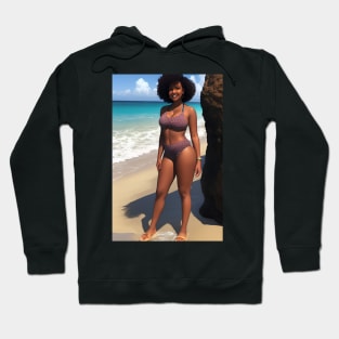 Dark-haired woman at the beach is a sight for sore eyes. Hoodie